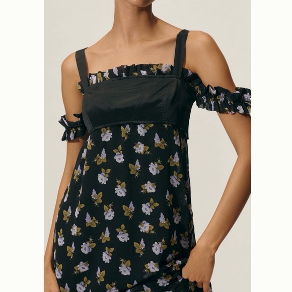 🟠NWT MAEVE by ANTHROPOLOGIE Square-Neck Sheer Floral Midi Dress Black Floral MED - Picture 3 of 9